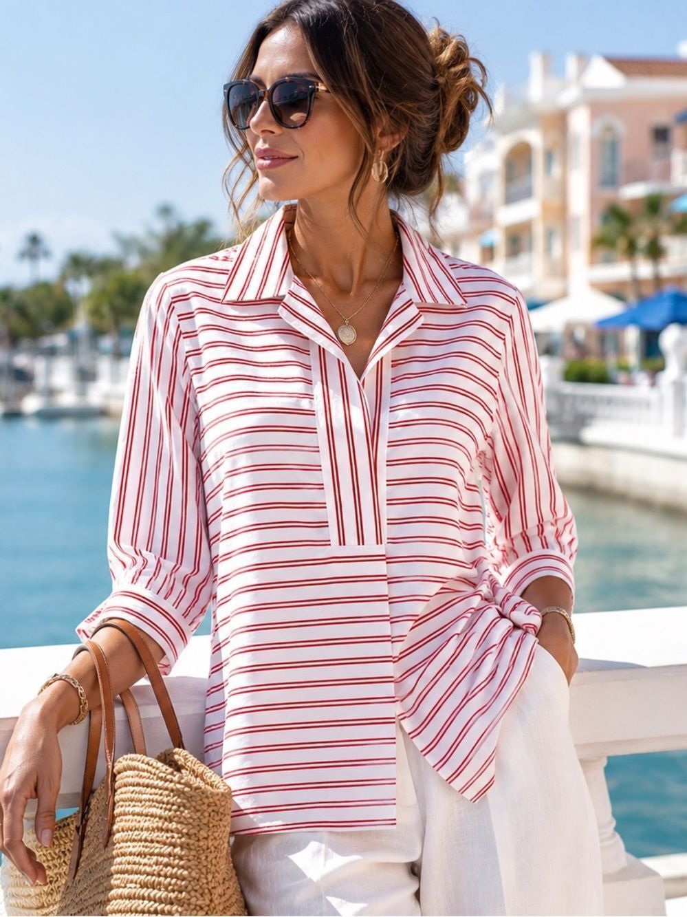 Foxcroft Red & White Striped Tunic Blouse | Coastal Chic